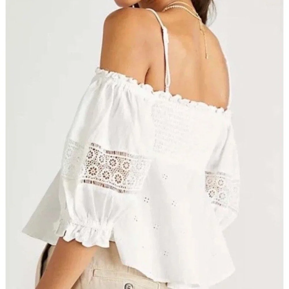 NWOT Free People Bambino Eyelet Puff Sleeve Off Shoulder Crop Top White Size XS
